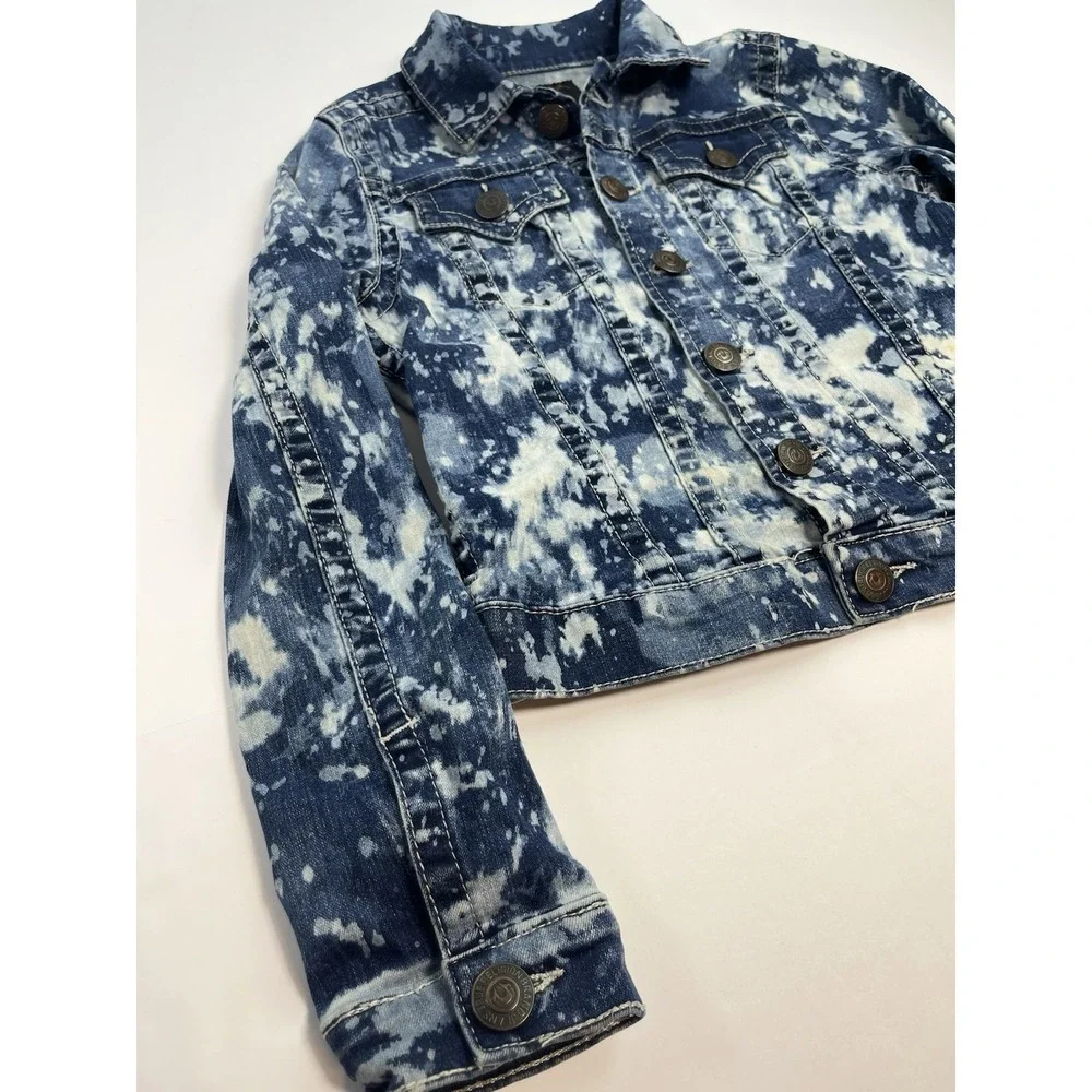 True Religion Denim Jean Jacket Youth Medium Distressed Acid Wash Blue White